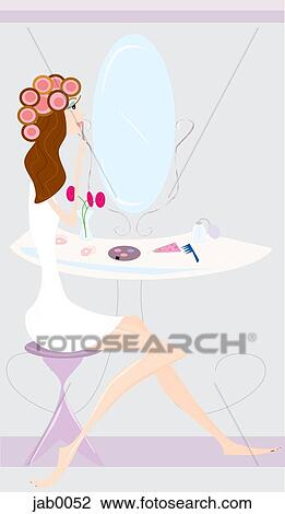 Drawing - A woman putting make up on at her vanity mirror. Fotosearch