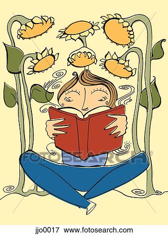 A woman reading a book under sunflowers View Large Illustration Stock Illustration - A woman reading a book under sunflowers. Fotosearch