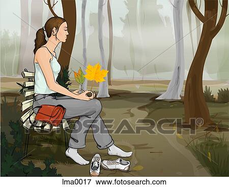 A woman relaxing on a forest path with her shoes off View Large Illustration Stock Illustration - A woman relaxing on a forest path with her shoes off. Fotosearch