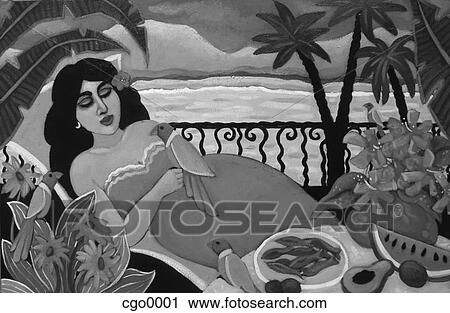 A woman relaxing with parrots next to the sea View Large Illustration Clip Art - A woman relaxing with parrots next to the sea. Fotosearch