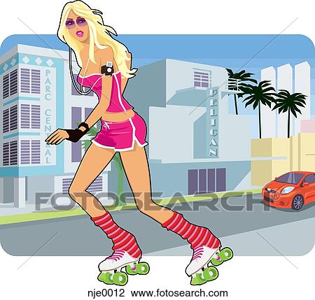 Drawing - A woman roller skating down the street. Fotosearch