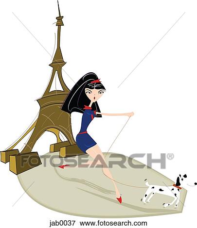 Stock Illustration - A woman running with her dog in front of the Eiffel Tower. Fotosearch