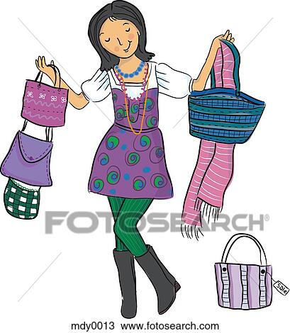 Drawing - A woman shopping for handbags. Fotosearch