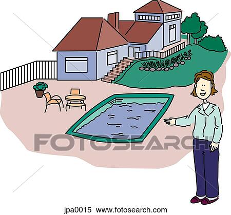 Stock Illustration - A woman showing a house with a pool in the backyard. Fotosearch