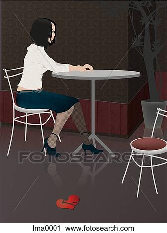 Clip Art - A woman sitting at a table alone and a broken heart on the floor. Fotosearch