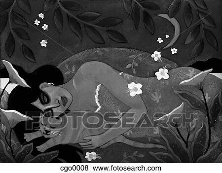 A woman sleeping with her cat under the moon View Large Illustration Stock Illustration - A woman sleeping with her cat under the moon. Fotosearch