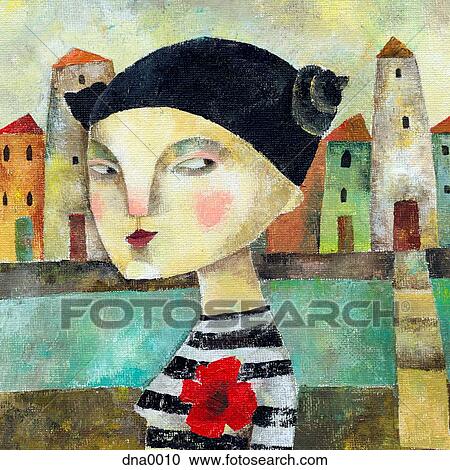 A woman standing in front of a city and river View Large Illustration Clipart - A woman standing in front of a city and river. Fotosearch