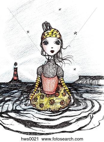 Clip Art - A woman standing in the ocean and a lighthouse in the distance. Fotosearch