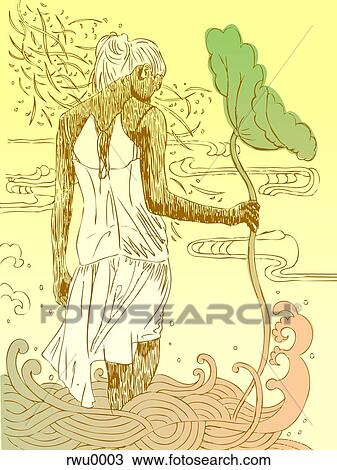 A woman standing in water holding a lotus plant View Large Illustration Drawing - A woman standing in water holding a lotus plant. Fotosearch