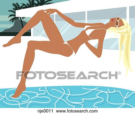 Clip Art - A woman sunbathing by a swimming pool. Fotosearch
