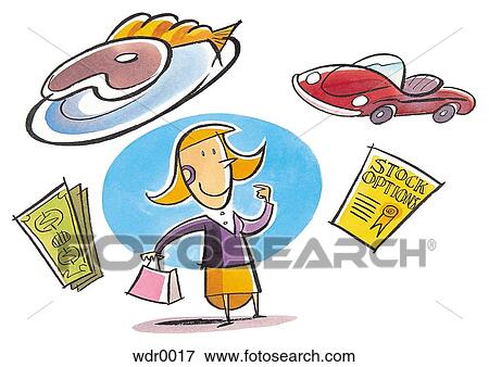 A woman surrounded by cash, fine food, sportscar and stock options View Large Illustration Stock Illustration - A woman surrounded by cash, fine food, sportscar and stock options. Fotosearch