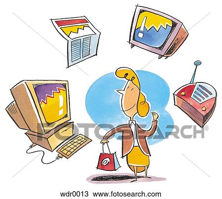 A woman surrounded by stock market reports on the computer, newspapers, television and radio View Large Illustration Drawing - A woman surrounded by stock market reports on the computer, newspapers, television and radio. Fotosearch