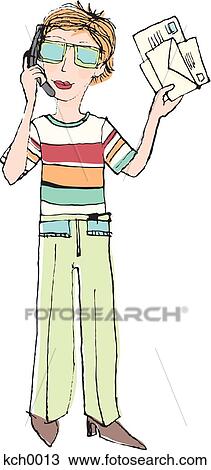 Drawing - A woman talking on a cell phone and holding letters. Fotosearch