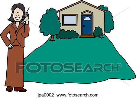 Drawing - A woman talking on a cell phone in front of a house. Fotosearch