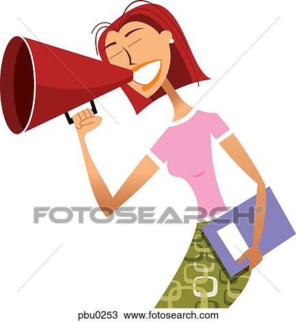 Drawing - A woman using a blow horn and holding a notebook. Fotosearch