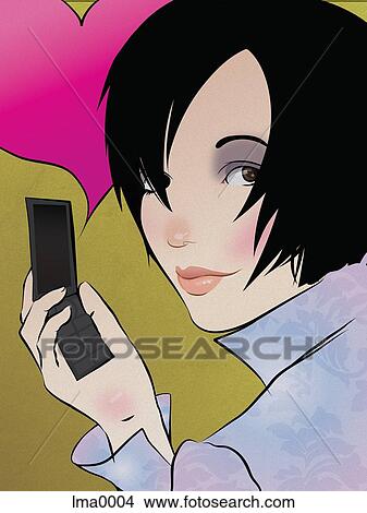 Stock Illustration - A woman using a cell phone and a heart. Fotosearch