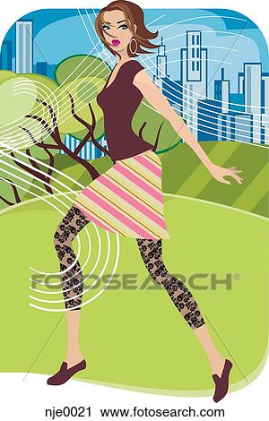 Clip Art - A woman walking in a windy park with the city in the background. Fotosearch
