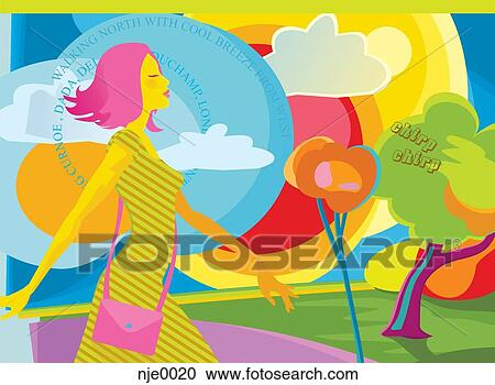 A woman walking outdoors View Large Illustration Clipart - A woman walking outdoors. Fotosearch