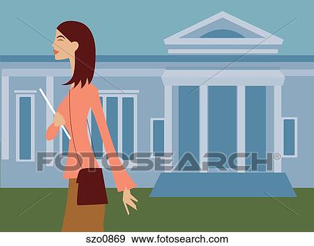 Stock Illustration - A woman walking with a notebook in front of an institutional style building. Fotosearch