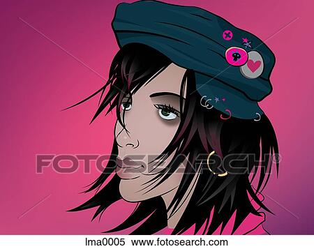 A woman wearing a hat with pins on it and a pink background View Large Illustration Stock Illustration - A woman wearing a hat with pins on it and a pink background. Fotosearch