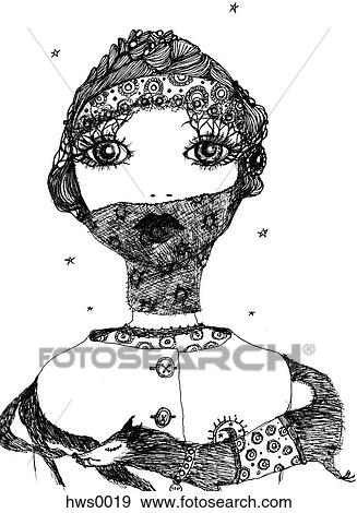 Stock Illustration - A woman wearing a mink stole and a veil. Fotosearch