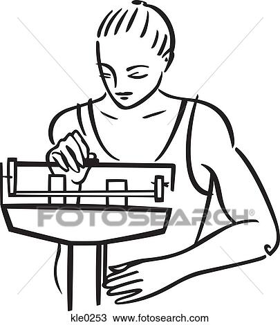 Drawing - A woman weighing herself. Fotosearch