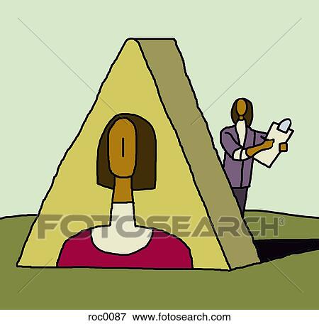 Stock Illustration - A woman with a clipboard standing behind a large image of a woman on a triangle. Fotosearch