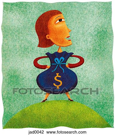 Drawing - A woman with a sack of money as her body. Fotosearch