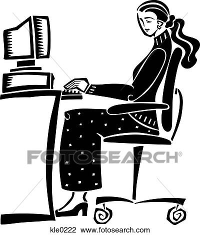 A woman with correct posture at a computer View Large Illustration Drawing - A woman with correct posture at a computer. Fotosearch