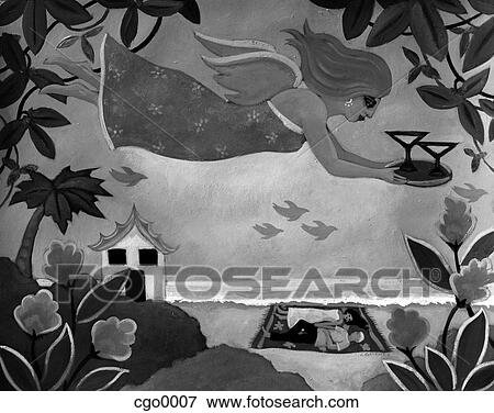 Stock Illustration - A woman with drinks flying over a couple on a beach. Fotosearch