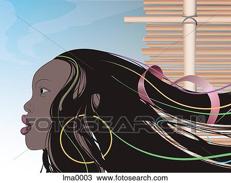 A woman with long hair blowing in the wind Drawing | lma0003 | Fotosearch