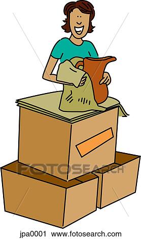 A woman wrapping a jug and packing boxes View Large Illustration Clip Art - A woman wrapping a jug and packing boxes. Fotosearch