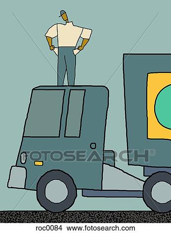 Stock Illustration - A worker standing on top of a truck showing his empty pockets. Fotosearch