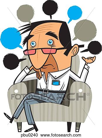 A worried man sitting in a chair with lots of speech bubbles View Large Illustration Clipart - A worried man sitting in a chair with lots of speech bubbles. Fotosearch
