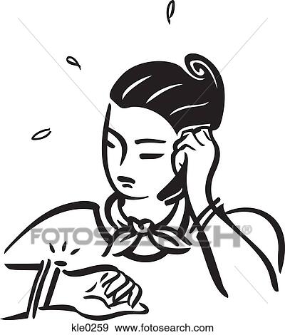Stock Illustration - A worried woman on the cell phone and checking her watch. Fotosearch