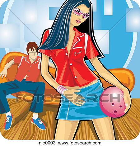 Drawing - A young couple bowling. Fotosearch