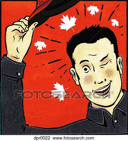 Drawing - A young man lifting his hat and winking with maple leaves around his head. Fotosearch