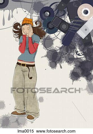 Stock Illustration - A young woman holding her head and portable music devices behind her. Fotosearch