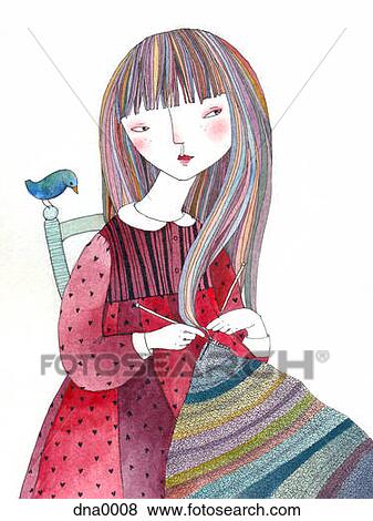 A young woman knitting in a chair as a bird watches View Large Illustration Stock Illustration - A young woman knitting in a chair as a bird watches. Fotosearch