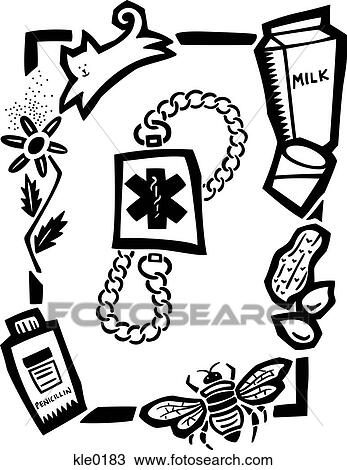 Drawing - Allergens around a medical alert bracelet. Fotosearch