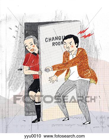 Clipart - An angry fan confronting a soccer player at the changing rooms. Fotosearch