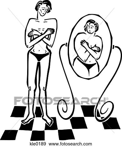 Stock Illustration - An anorexic woman looking at an overweight reflection in the mirror. Fotosearch