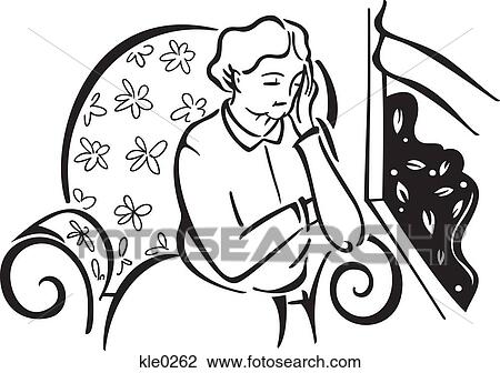 Drawing - An elderly woman with a headache. Fotosearch