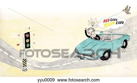 Stock Illustration - An illustration of a man driving to a stop light and thinking about red and yellow penalty cards. Fotosearch