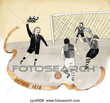 An illustration of a referee giving a penalty and soccer players before 1878 View Large Illustration Stock Illustration - An illustration of a referee giving a penalty and soccer players before 1878. Fotosearch