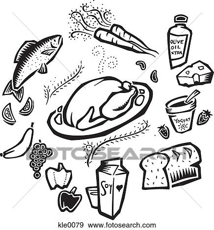 An illustration of foods in all the food groups Stock Illustration