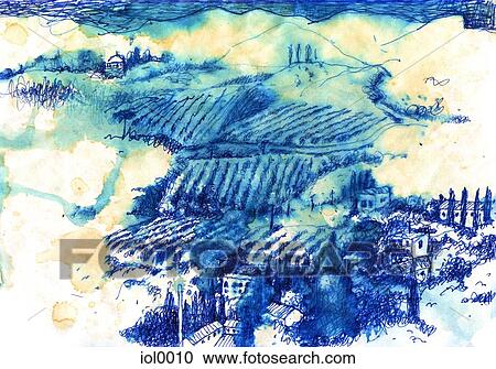 Clipart - An ink drawing of vineyards and countryside. Fotosearch