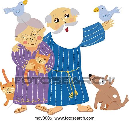 Stock Illustration - An old couple with birds, cats, and a dog. Fotosearch