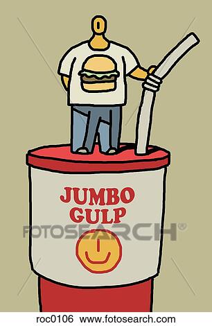 An overweight man standing on top of a large soft drink View Large Illustration Stock Illustration - An overweight man standing on top of a large soft drink. Fotosearch