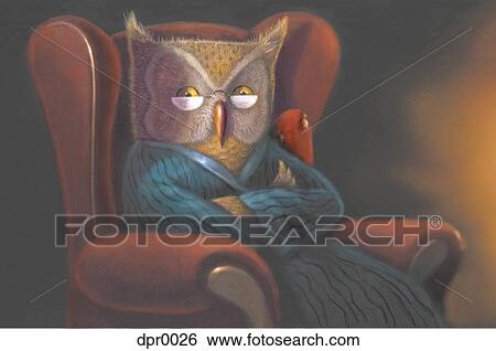 An owl with glasses in a robe with arms crossed in an armchair View Large Illustration Stock Illustration - An owl with glasses in a robe with arms crossed in an armchair. Fotosearch